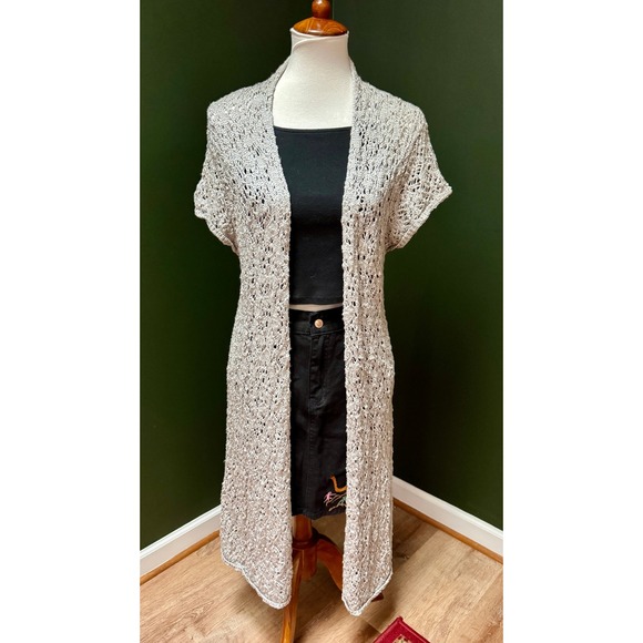 Coldwater Creek Grey & Silver Crochet Short Sleeve Duster Women's L - Picture 1 of 10